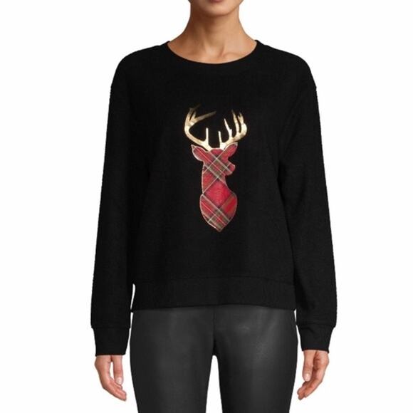 No Boundaries Black Fleece Reindeer Holiday Christmas Sweatshirt Size Medium - Picture 1 of 9